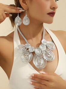 2Pcs Handmade Boho Crystal Jewelry Set, Silver Wire Wrapped Teardrop Necklace & Drop Earrings For Women, Daily Holiday Accessory - Silver - View 1