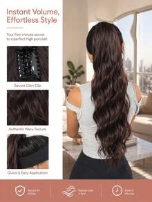 22 Inch Long Synthetic Wavy Ponytail Hair Extension For Women, Fashion Gradient Gold, Burgundy, Black, Brown, Heat-Resistant Material, Clip-In Ponytail For Party And Festival - Multicolor - View 2