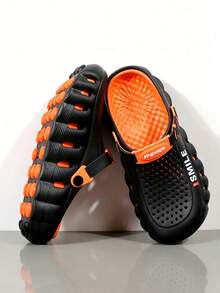 Zuecos transpirables de alta calidad para exteriores, sandalias antideslizantes para hombres, zapatos de playa ligeros y transpirables, zapatos de jardín suaves y cómodos, zapatos casuales para hombres con suela gruesa y duradera, zapatos para hombres de talla grande 36-45 (suela pintada a mano, patrón asimétrico) - naranja negro - Ver 1