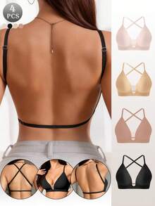 4pcs Women's Cross Back Wireless Padded Bra, Black, Apricot, Nude, Pink, Ribbed Soft Elastic Support, Minimalist Daily Lingerie Set - Multicolor - View 2