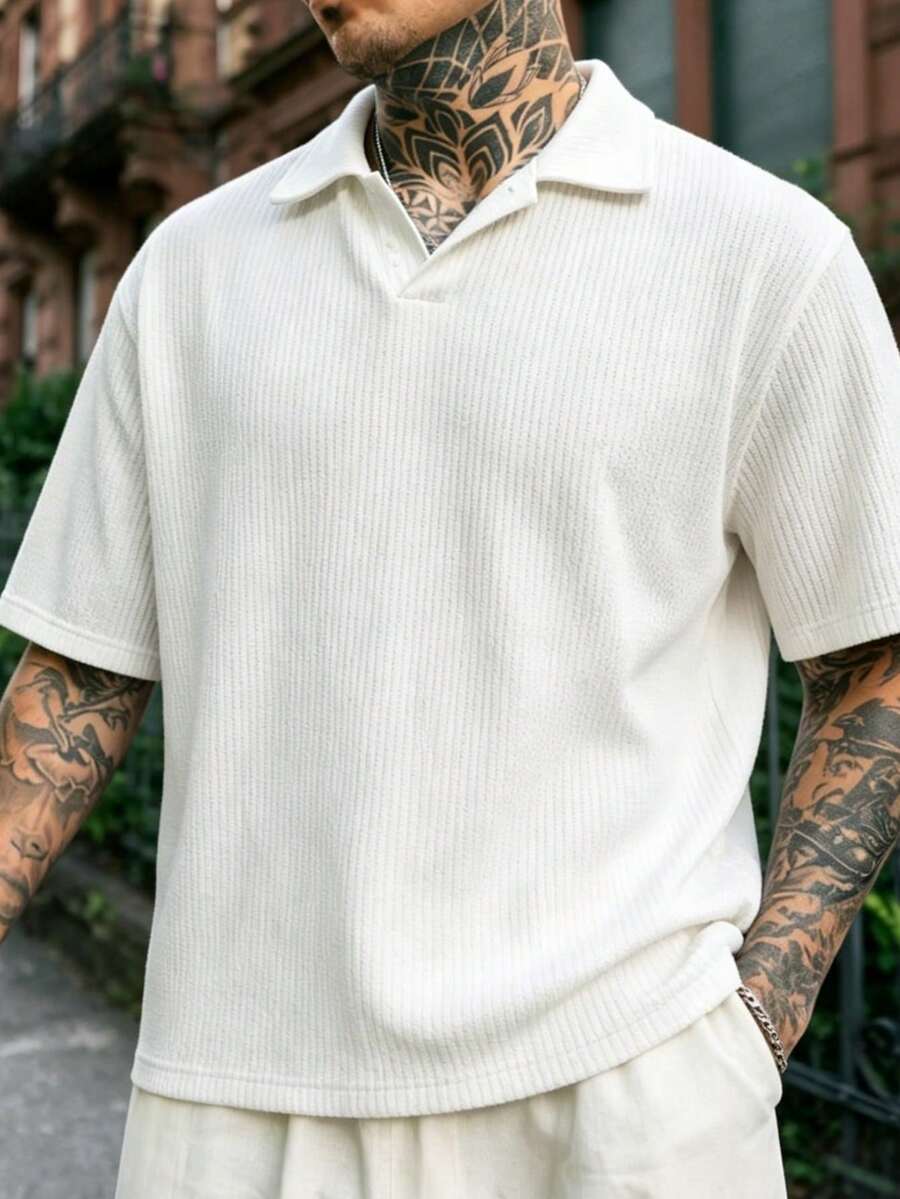男士纹理针织短袖 Polo 衫,翻领半开襟,纯色垂坠感,休闲夏季新款 - 白色 - 查看 1