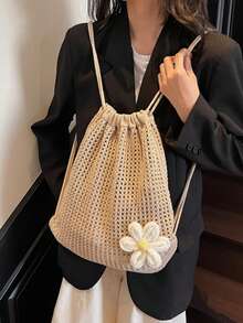 Women's Crochet Drawstring Backpack,Knit Beach Bag,Casual Boho Daypack For Summer Travel Daily Large Capacity,School Bookbag,College University Campus - Khaki - View 6