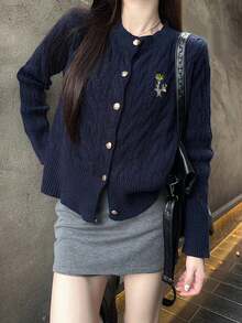 Autumn/Winter Bear Embroidery Cable Knit Cardigan, Preppy Style Sweater For Outerwear - Navy Blue - View 6