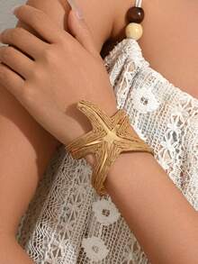 1pc Bohemian Vacation Style Handmade Woven Raffia Khaki Starfish Open Adjustable Bracelet, Suitable For Women's Daily, Vacation, Party Wear (Handmade, Random Weaving Style) - Khaki - View 3