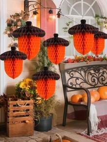 5pcs/1pc Autumn Acorn Honeycomb Paper Decorations, Autumn Thanksgiving And Halloween Decor, Suitable For Party Ceiling Decoration, Thanksgiving Props, Indoor Holiday Background Wall And Brown Orange Paper Lantern Decoration - Multicolor - View 3