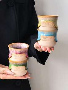 1PC Creative Glazed Handheld Coffee Cup, Ceramic Material, Personalized Creative "Coffee Time" Letter Coffee Cup, One-Sip Coffee Cup, Espresso Cup, Tea Cup - Multicolor - View 12