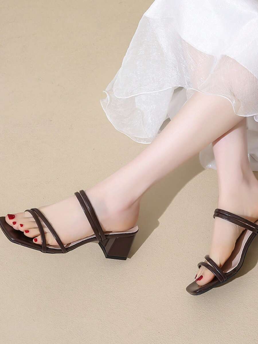 女款純色露趾方頭雙帶粗跟穆勒涼鞋，時尚薄荷綠夏季派對度假日常穿搭鞋 - 巧克力棕 - 查看 1
