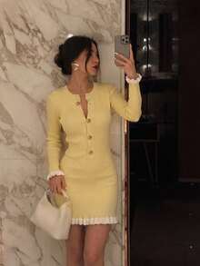 Women's Autumn/Winter Pale Yellow Ribbed Knit Fitted Mini Dress, Round Neck With Gold Buttons, White Ruffle Hem, Vacation Street Style Fall - Yellow - View 11