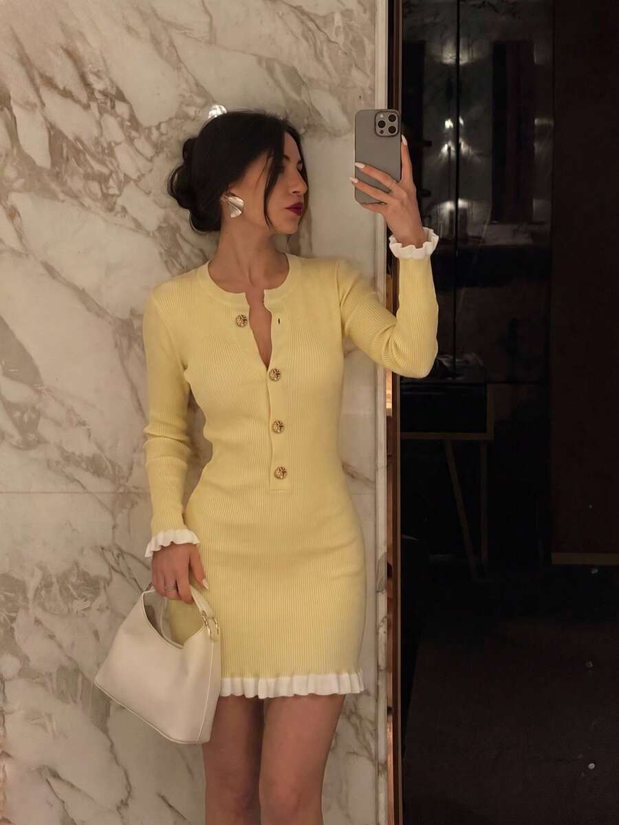 Women's Autumn/Winter Pale Yellow Ribbed Knit Fitted Mini Dress, Round Neck With Gold Buttons, White Ruffle Hem, Vacation Street Style Fall - Yellow - View 1