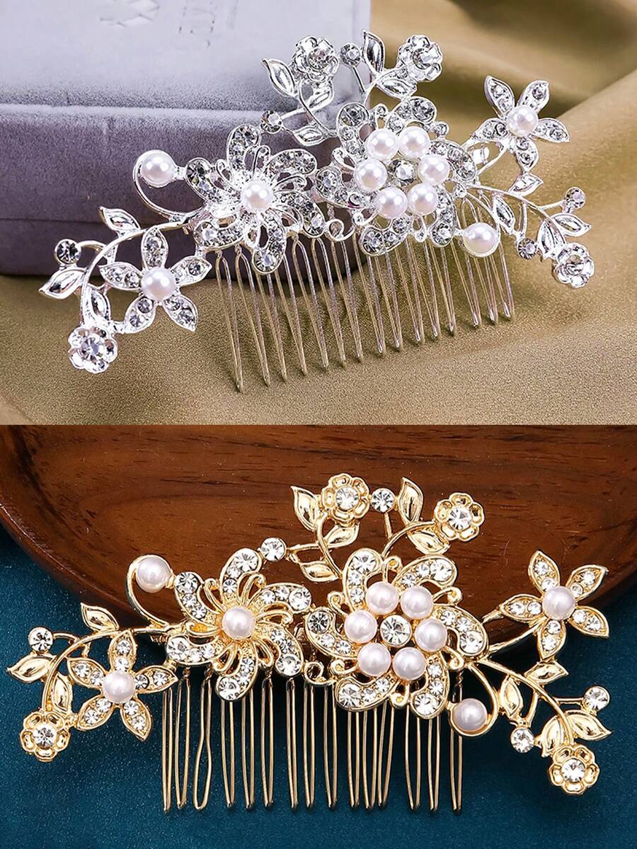 1 Set (2pcs) Silver & Gold Elegant Lady Princess Bridal Hair Comb Bun Set, Fashion Exquisite Pearl Plum Blossom Design - 064 Hair Combs In Gold and Silver Set - View 1