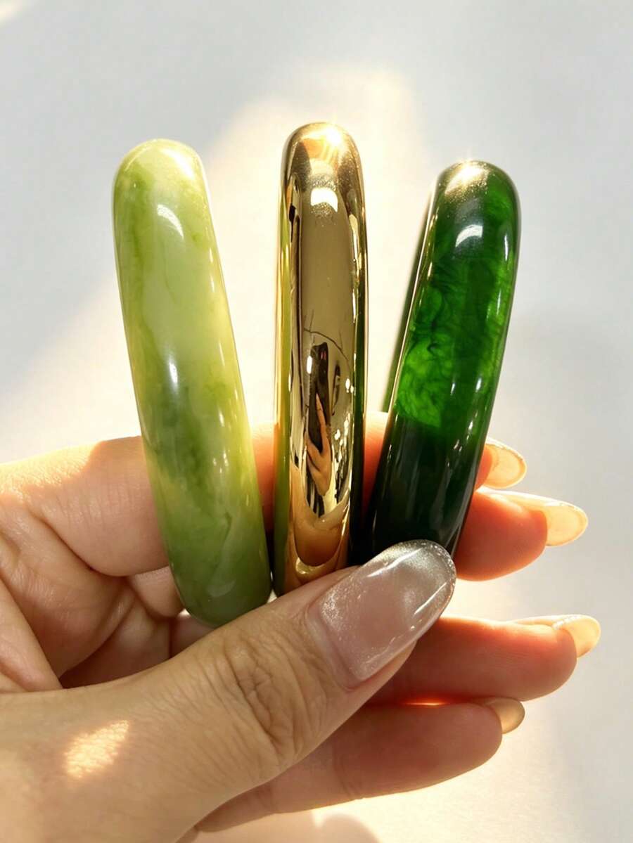 3件組精緻復古壓克力手鍊套組,時尚圓筒設計,適合日常休閒穿搭,女性時尚配件,壓克力材質,無鑲嵌工藝,適合全年使用,適用於日常、派對與度假場合 - 綠色 - 查看 1