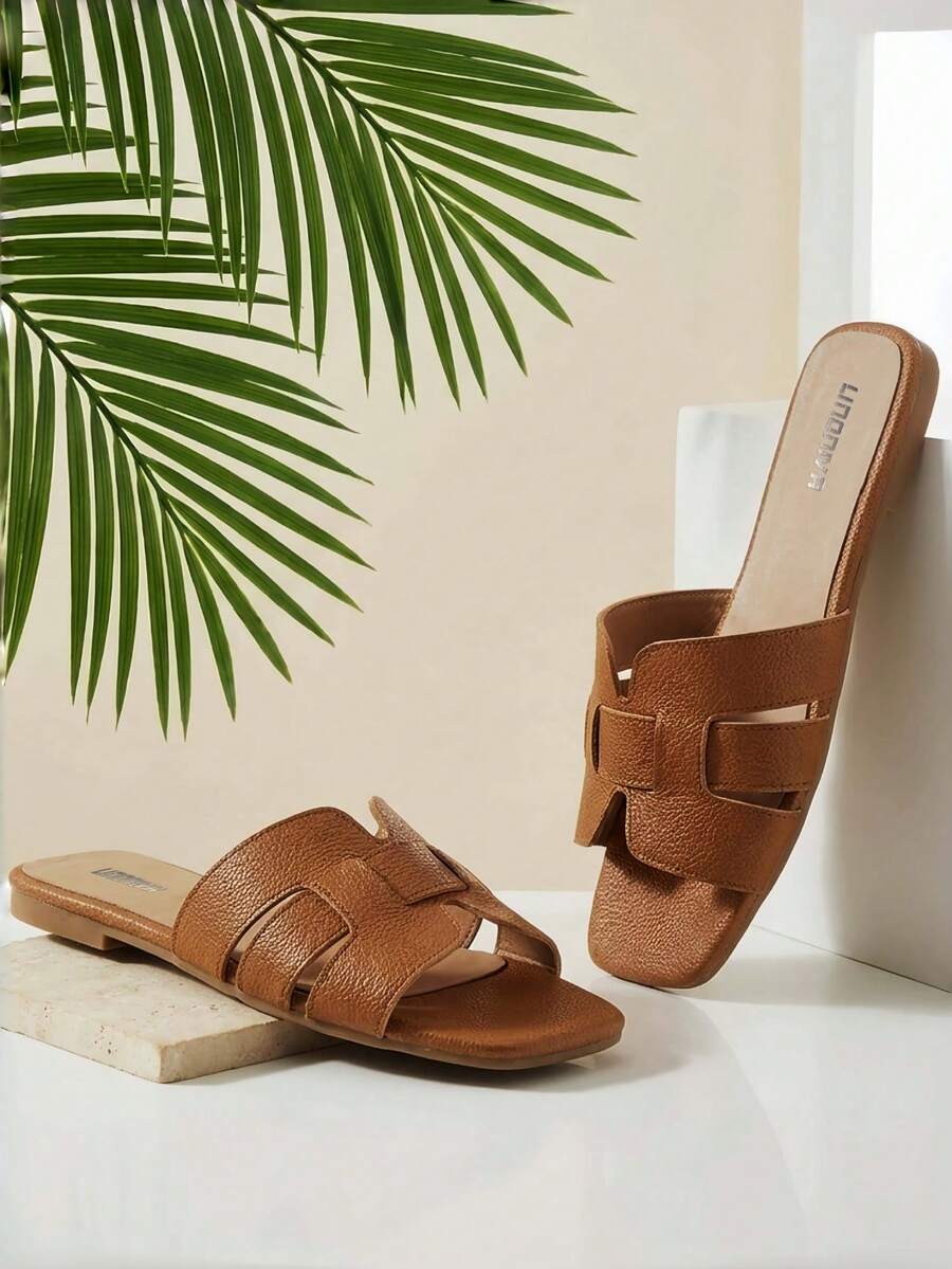 Women's Brown Cross Strap Flat Sandals, Flat Square Toe, Open Toe, Slip-On, Brown Spring/Summer New Style, Versatile, Brown Sandals, Women's Flat Square Toe Sandals, Casual, Summer, Open Toe Slippers, Slippers, Women's Slippers, Summer Slippers, Women's Sandals, Women's Summer Sandals - Brown - View 1