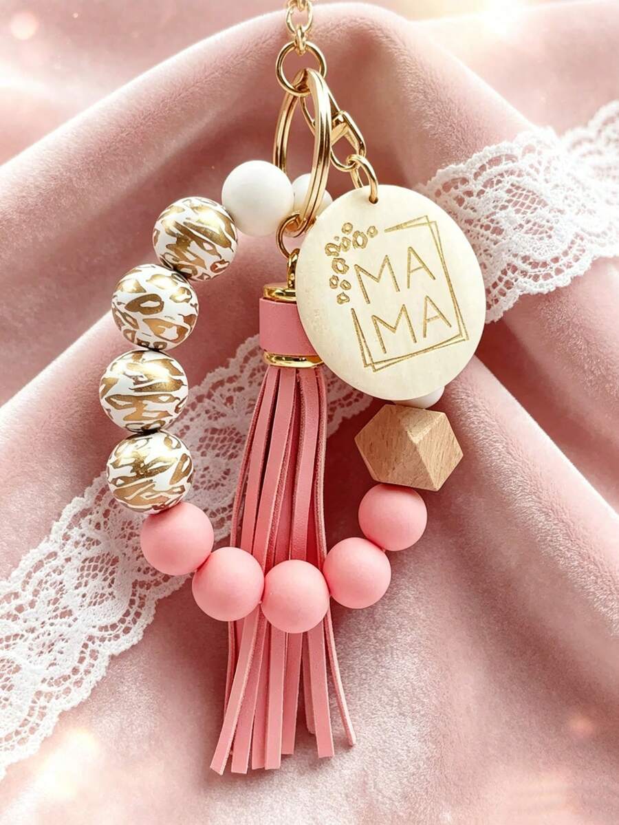 Fashionable Leopard Print Wooden Bead Bracelet Keychain With "Mom" Tag - Perfect Mother's Day And Birthday Gift, Personalized Bag Charm - Multicolor - View 1