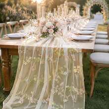 Juego de 3 piezas de camino de mesa transparente con bordado floral (29.5 X 71 pulgadas, verde salvia/champán/blanco), mantel de estilo granja con flores, adecuado para uso diario, vacaciones, bodas, hoteles, fiestas de cumpleaños, decoración del hogar, camping y picnic, todas las estaciones - Camino de mesa de tul bordado con flores silvestres - Ver 23