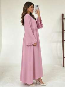 Conservative Abaya Long Dress With Ruffle Cuffs, Pleated Fabric Layered Waist Muslim Long Dress, Casual Islamic Clothing - Multicolor - View 2