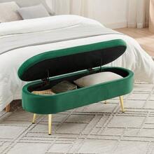 Multifunctional Storage Bench, Soft Chenille Fabric, Wooden Legs, Solid Wood Frame, 20L Storage Space, 110x40x42cm, For Bedroom, Living Room, Shoe Bench, Hallway - 墨綠色 - 查看 9
