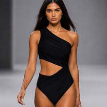 Elegant Women's Swimsuit With Ruching, Cutouts, And Ruffles For Vacations And The Beach. - Negro - Ver 4