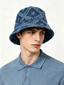 1 chiếc mũ xô thể thao ngoài trời, phong cách denim Hàn Quốc, mũ vintage giặt mài họa tiết sao, phù hợp mặc hàng ngày trên phố, chống nắng mùa hè - xanh nhạt - Xem 2