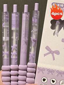 4支裝可愛蝴蝶結可伸縮中性筆，高品質快乾水性墨水可替芯，0.5mm黑色墨水順滑書寫，適合學生考試、筆記本、辦公使用，完美學生文具禮物，開學季 - A - 查看 16