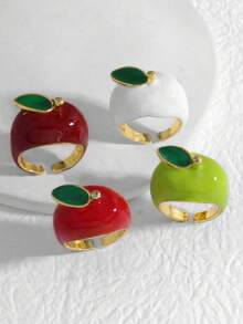 Cute Enamel Apple Adjustable Ring For Women Gold Plated Fruit Statement Open Ring Jewelry - Apple - View 1
