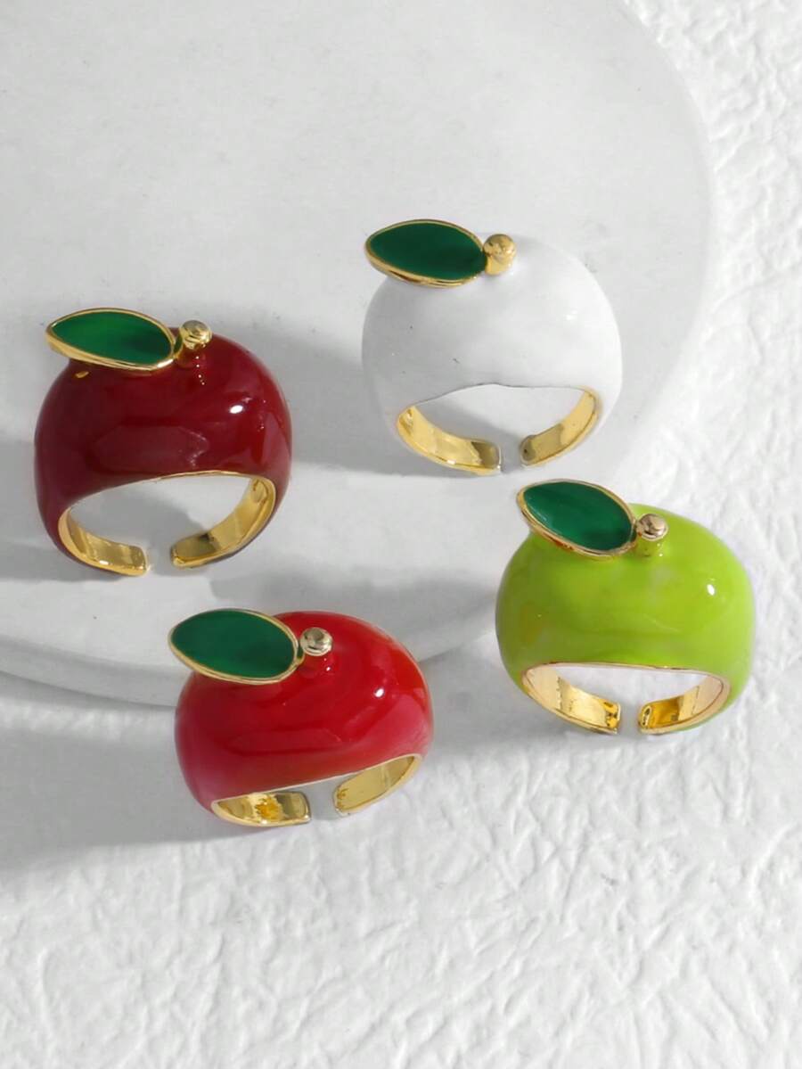 Cute Enamel Apple Adjustable Ring For Women Gold Plated Fruit Statement Open Ring Jewelry - Apple - View 1