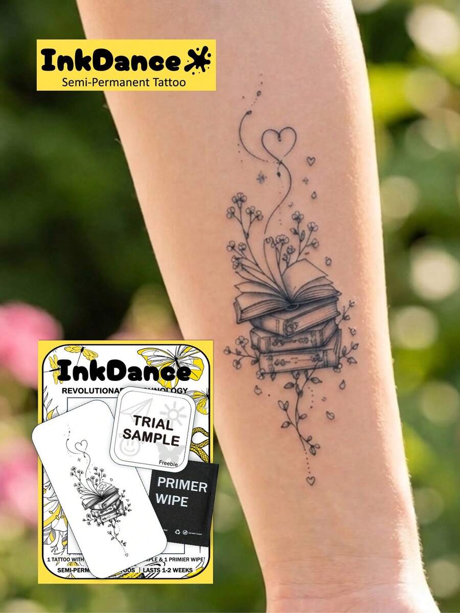 1 Set "Floral Books" New Technology Tattoo Stickers, Semi-Permanent, Literary, Fantasy, Vintage, Temporary Tattoo, Realistic Tattoo, Waterproof And Long-Lasting, Realistic Design, Plant-Based Formula, InkDance, Ink Dance, Gift X071 - Black - View 1