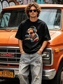 Herren Sommer Lässig Weiches Rundhals Kurzarm-Shirt, Gaming Capybara Muster Grafik Frühling und Sommer Kleidung. Weiß - Schwarz - Übersicht 1