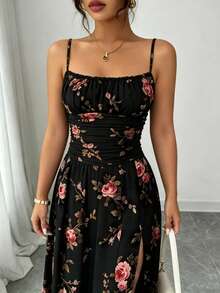 Vestido con estampado floral, espalda descubierta, volantes y abertura alta, estilo bohemio para boda, noche, cita, vacaciones, fiesta negra, verano elegante - Negro - Ver 1