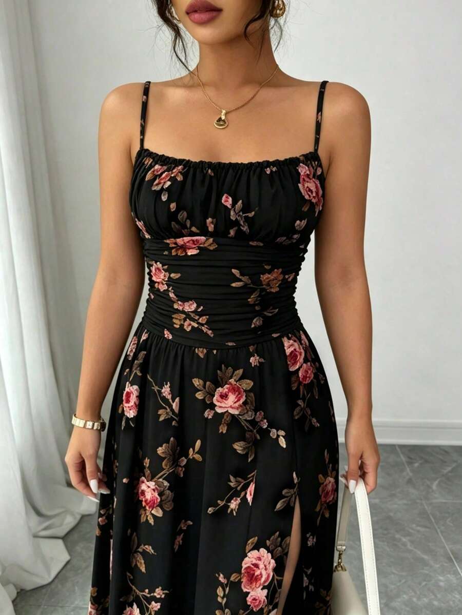 Vestido con estampado floral, espalda descubierta, volantes y abertura alta, estilo bohemio para boda, noche, cita, vacaciones, fiesta negra, verano elegante - Negro - Ver 1