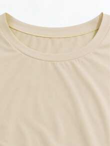 2pcs/Set Women's Round Neck Short Sleeve T-Shirt And Elastic Waist Loose Pants, Casual Solid Color Round Neck Short Sleeve With Drawstring Waist Pocket Wide Leg Straight Pants, Suitable For Daily Wear, Spring/Summer/Autumn Elegant - Apricot - View 8