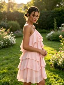 QIANZHIDU Spring/Summer Light Pink Solid Color Halter Neck Ring Tie Multi-Layer Ruffle Waist-Cinching Asymmetrical A-Line Dress, Suitable For Birthday Party, Beach Vacation, Street Outing, Date Afternoon Tea - Pink - View 6