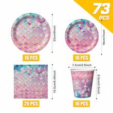 73/25/16pcs Mermaid Gold Foil Scale Disposable Plates, Napkins, Cups Set, Party Supplies For 16 Guests, Disposable Paper Plates Party Tableware Suitable For Birthday, Wedding, Party, Family Picnic - Pink - View 7