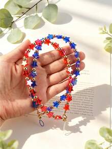 Pulseira Patriótica com Contas, Cordão de Telefone e Pingente de Bolsa com Contas Acrílicas em Estrela Vermelha, Branca e Azul, Pingente de Coração com Bandeira Americana, Dia da Independência - 2864 - Visão 4