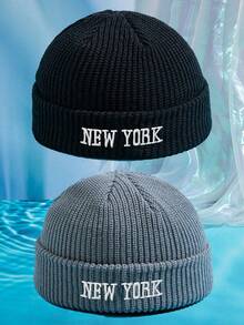 2件組 男士純色百搭 3D刺繡 NEW YORK 針織帽 無帽簷帽，適合秋冬保暖、日常穿著與搭配 - 2 pcs NEWYORK - 查看 12