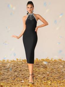 Love Aing Black Sleeveless Bandage Maxi Dress Hand Sparkle Rhinestone, Luxury Evening Gown For Party Wedding Guest Stage & Autumn - Black - View 4
