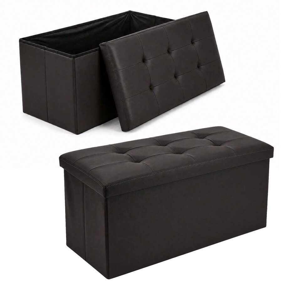 Faux Leather Foldable Storage Ottoman 76*37*37cm, Storage Box With Lid & Seat, Cube Foot Stool Bench - Black - View 1