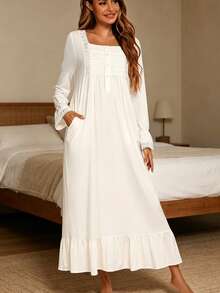 French Style Pure Cotton Spring/Autumn Long Sleeve Fairy Sweet Lace Loose Thin Maxi Nightgown Loungewear - White - View 8