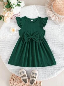 2 piezas/Set Bebé Cuello Redondo Manga Volante Estampado de Mariposa & unicolor Acanalado Minimalista Lindo Primavera/Verano - Verde Oscuro - Ver 4