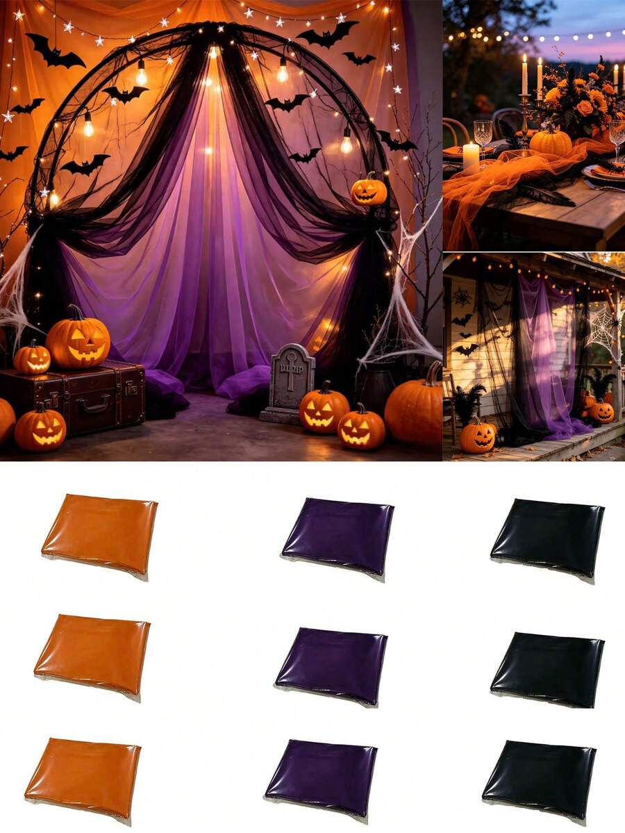 2/3 piezas de malla decorativa multicolor de Halloween, combinación múltiple de negro, naranja y púrpura profundo, decoración de gasa de terror de Halloween, tela espeluznante de Halloween, adecuada para casa embrujada, fiesta de Halloween, patio, pared, entrada, decoración navideña al aire libre, eventos de Halloween, Navidad y suministros para fiestas - Malla para fiesta de Halloween - Ver 1