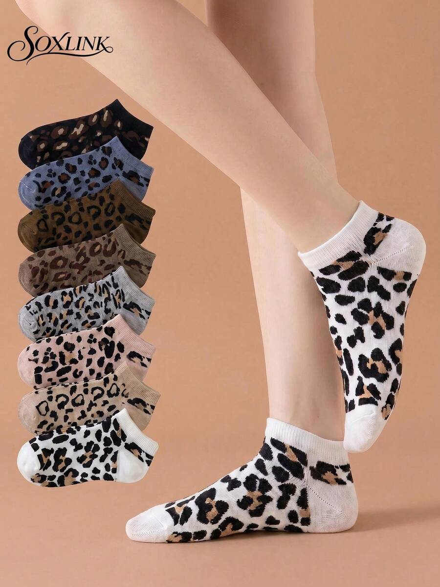 5/8/10 Pasang Kaos Kaki Pendek Motif Leopard Wanita, Kaos Kaki Kasual Berpotongan Rendah, Kaos Kaki Tipis Vintage Serbaguna untuk Pelajar Musim Semi/Panas, Kaos Kaki Pendek Tak Terlihat yang Dipersonalisasi - MultiWarna - View 1