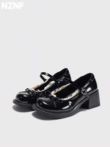 NZNF Sepatu PU Wanita Warna Polos Gaya Akademi dengan Tali Gesper, Sol Tebal dan Hak Tebal, Sepatu untuk Perjalanan Sehari-hari - Hitam - View 4