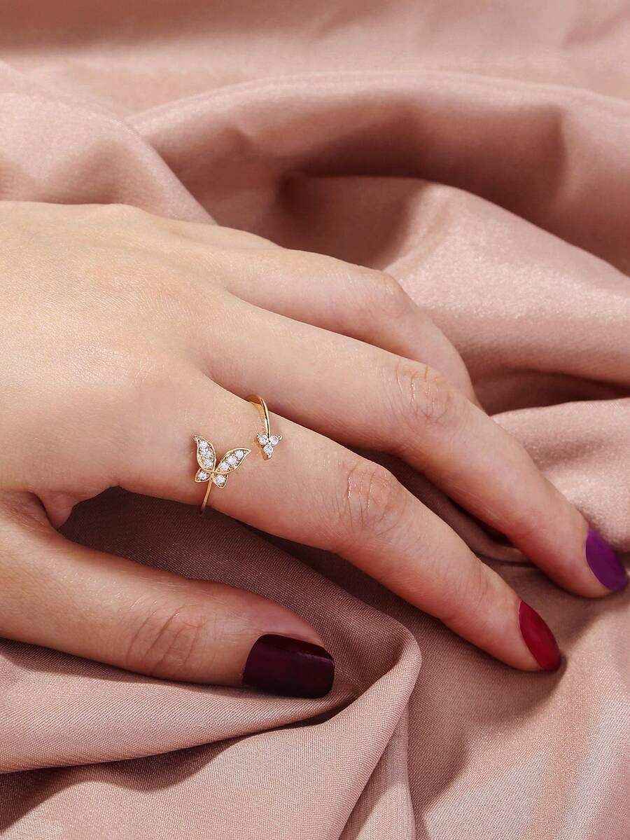 微鑲金精緻迷你蝴蝶鋯石開口可調節戒指 女款飾品珠寶 - 金黃色 - 查看 1