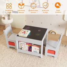4-in-1 Multi-Functional Kids Activity Table and Chairs Set –  Wooden Furniture with Detachable Erasable Top, Storage Drawers, Bookshelves – Perfect for Reading, Art, Playroom - Gris - Ver 3