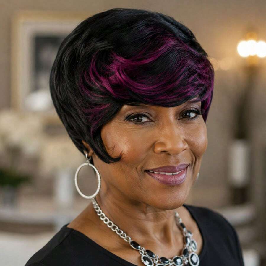 AMECIRE Human Hair Wigs Women's Straight Hair Wig Pixie Cut Wig Short Hair Wig With Red Bangs Fashionable Styling Suitable For All People