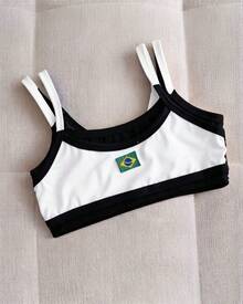 Double Strappy Cropped Top With Brazil Embroidery, 2 In 1, Women's, Beach, Holiday, Sports And Fitness, Vacation, World Cup - 白色 - 查看 1
