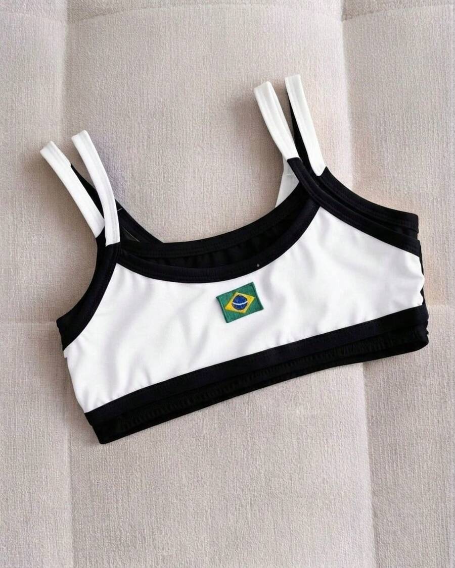 Double Strappy Cropped Top With Brazil Embroidery, 2 In 1, Women's, Beach, Holiday, Sports And Fitness, Vacation, World Cup - 白色 - 查看 1