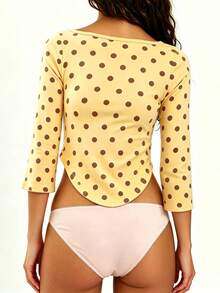 Women Summer Bell 3/4 Sleeve Crop Top Boat Neck Solid Color Slim Fit Basic T Shirts Y2K Party Top For Spring Fall - Yellow - View 2