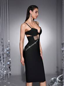 Women's Luxury Evening Dress, Rhinestone Embellished Bandage Dress, Sexy Spaghetti Strap Bustier, Mesh Patchwork, Fitted Silhouette Black Wedding - Black - View 7