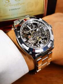 FORSINING 1pc Men's Luxury Vintage Square Transparent Hollow Automatic Mechanical Watch, Luminous Hands, Steel Band Business Casual Men's Watch - Silver - View 2