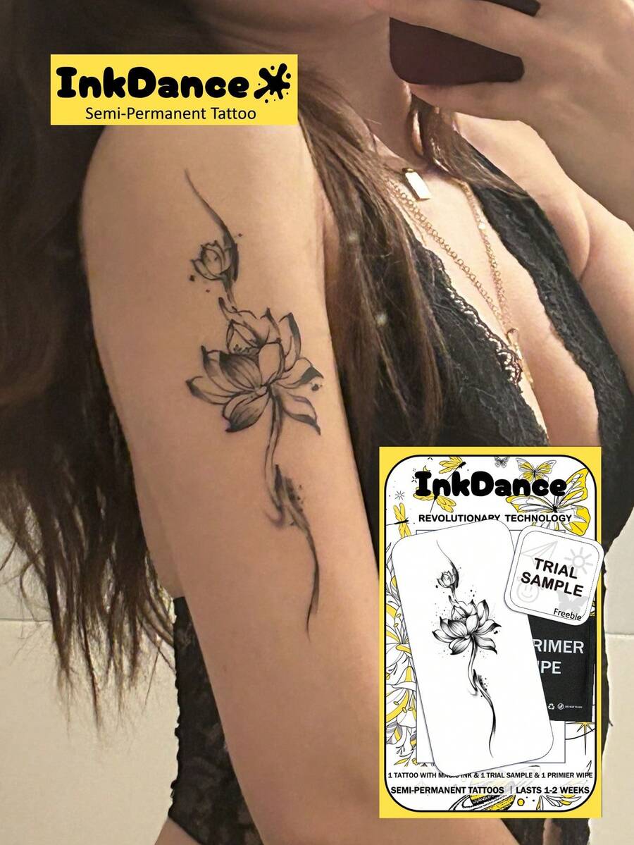 1 Set "Lotus" New Technology Tattoo Sticker, Semi-Permanent Ink Style, Elegant & Sexy Temporary Tattoo, Waterproof Long-Lasting Realistic Design, Plant-Based Formula, InkDance Ink Dance, Gift D018 - Black - View 1